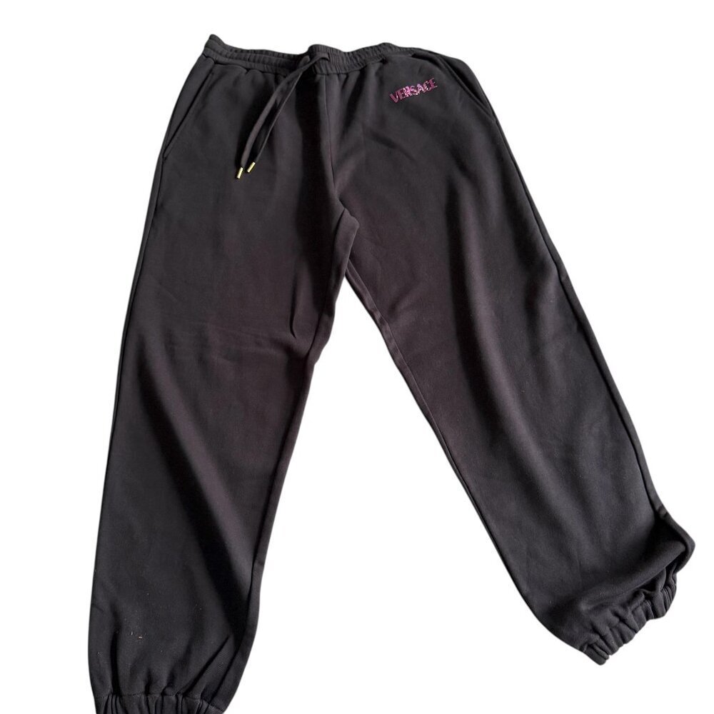 Versace 1014488 Women's Black Sweatpants Glitter Logo, Size 40 Small‎
